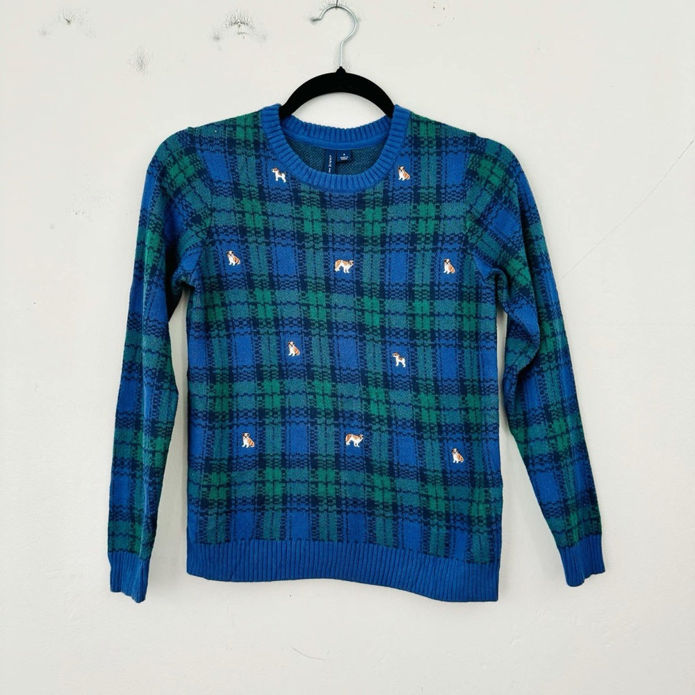 Janie and Jack Blue and Green Plaid Knit Sweater with Dog Embroidery